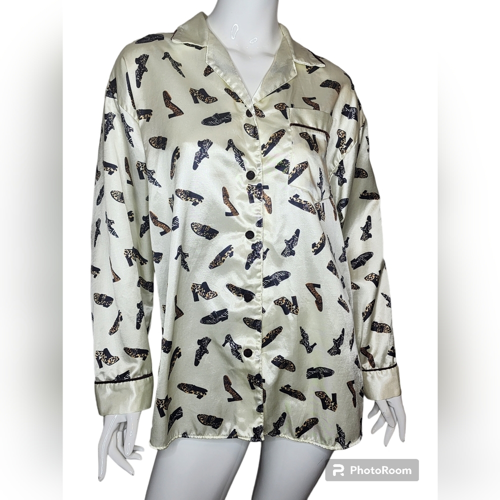 Vintage Labeaux French Longline Night Shirt Shoe Novelty Kitschy Print Satin